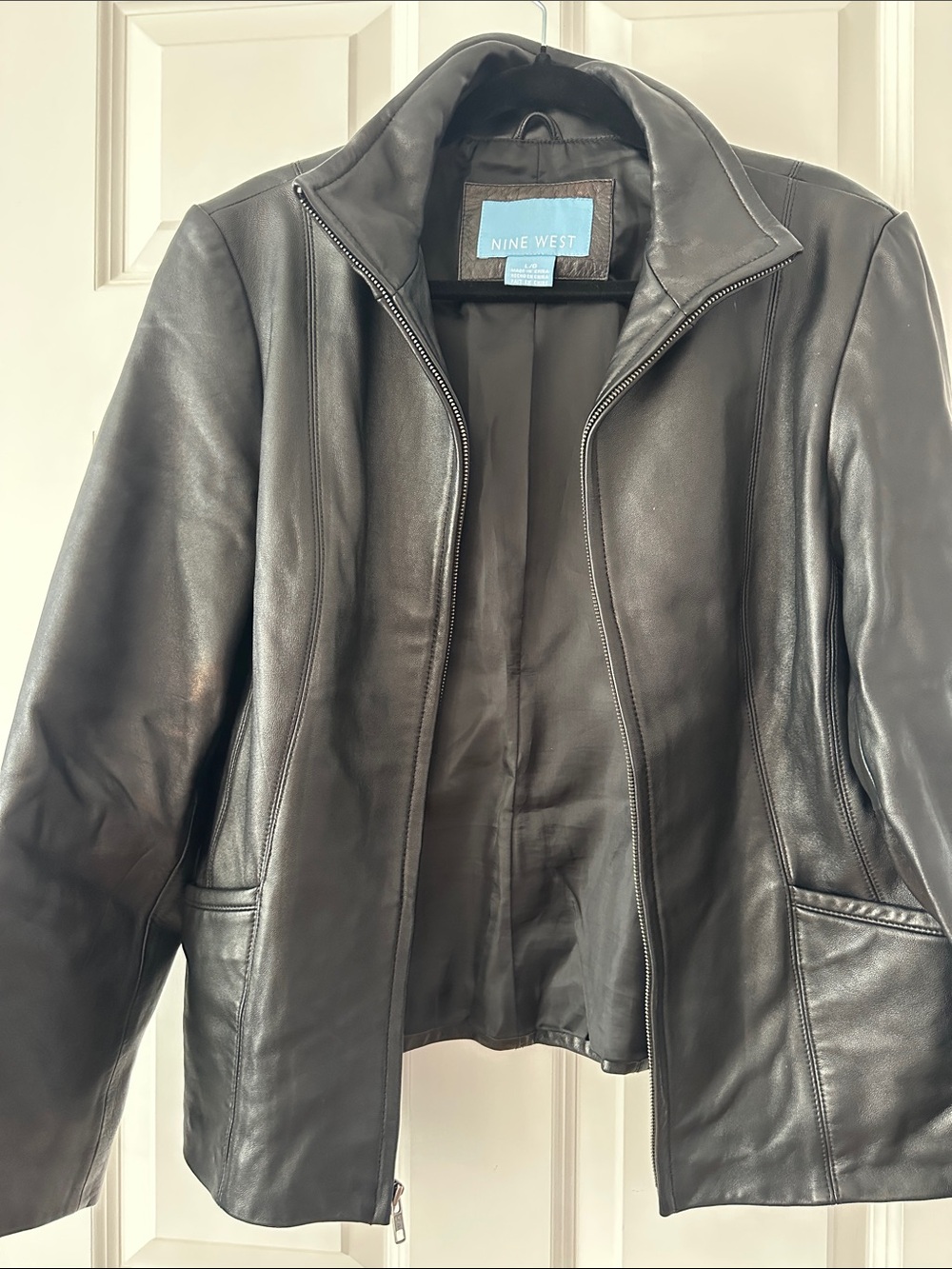 Nine West Black Leather Zip-Front Jacket with Stand Collar